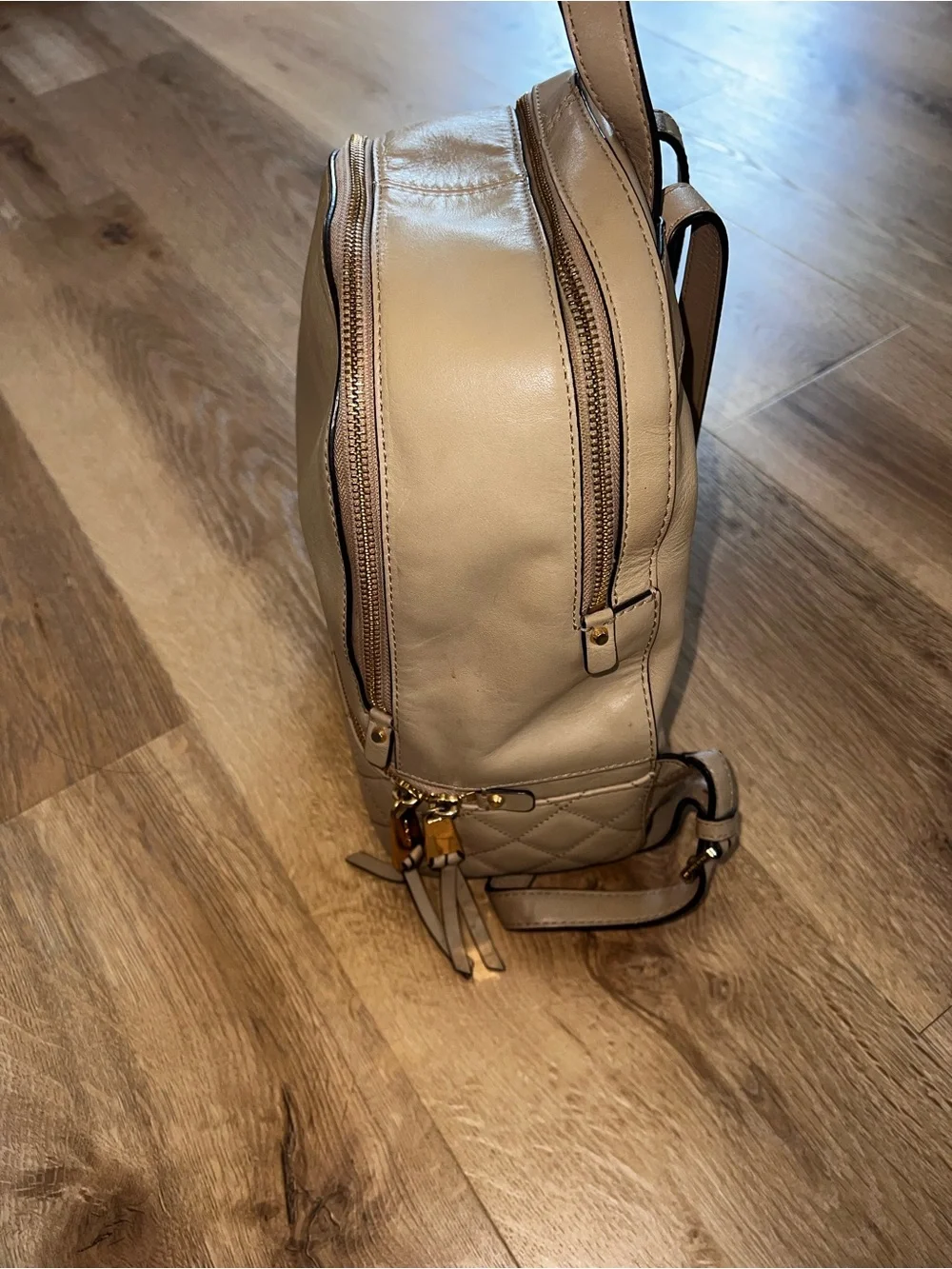 Michael Kors Rhea Backpack Beige Leather Gold Hardware Designer Bag